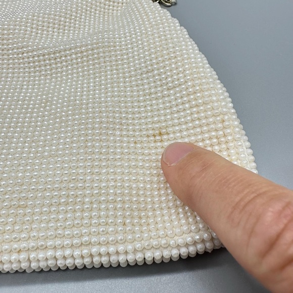 Vintage Beaded Floral Ivory Gold Chain 7.5”x6.5” Clasp Handbag Shoulder Bag - Picture 9 of 10